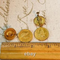 Vintage Miriam Haskell Gold Tone Coin Design Chandelier Clip Earrings