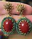 Vintage Miriam Haskell Red Glass Cabochon Green Bead Dangle Clip On Earrings