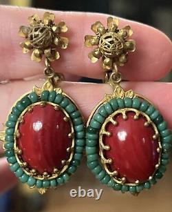 Vintage Miriam Haskell Red Glass Cabochon Green Bead Dangle Clip On Earrings