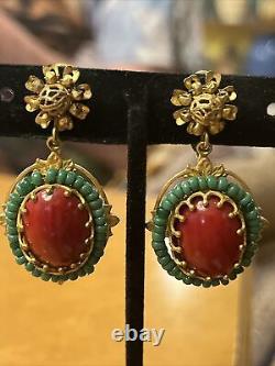 Vintage Miriam Haskell Red Glass Cabochon Green Bead Dangle Clip On Earrings