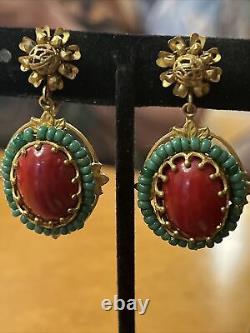 Vintage Miriam Haskell Red Glass Cabochon Green Bead Dangle Clip On Earrings