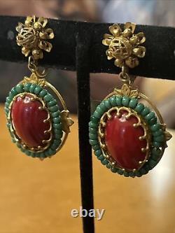 Vintage Miriam Haskell Red Glass Cabochon Green Bead Dangle Clip On Earrings