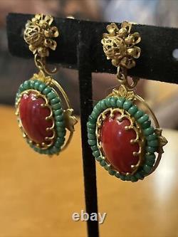 Vintage Miriam Haskell Red Glass Cabochon Green Bead Dangle Clip On Earrings