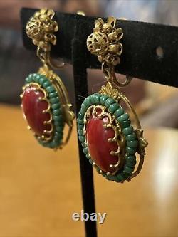 Vintage Miriam Haskell Red Glass Cabochon Green Bead Dangle Clip On Earrings