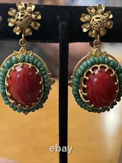 Vintage Miriam Haskell Red Glass Cabochon Green Bead Dangle Clip On Earrings