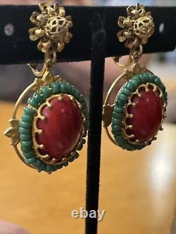 Vintage Miriam Haskell Red Glass Cabochon Green Bead Dangle Clip On Earrings