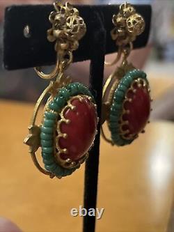 Vintage Miriam Haskell Red Glass Cabochon Green Bead Dangle Clip On Earrings