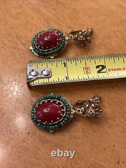 Vintage Miriam Haskell Red Glass Cabochon Green Bead Dangle Clip On Earrings