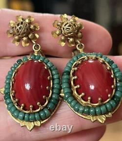 Vintage Miriam Haskell Red Glass Cabochon Green Bead Dangle Clip On Earrings