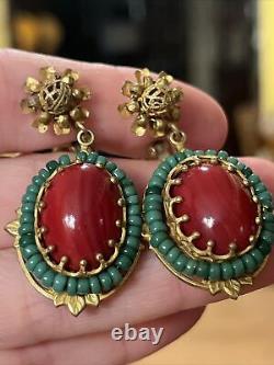 Vintage Miriam Haskell Red Glass Cabochon Green Bead Dangle Clip On Earrings