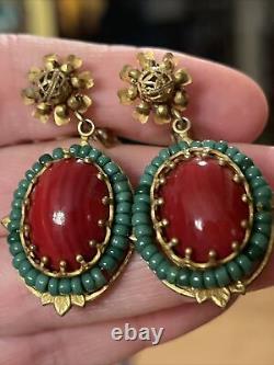 Vintage Miriam Haskell Red Glass Cabochon Green Bead Dangle Clip On Earrings