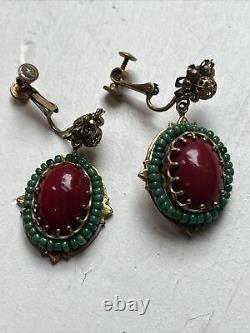 Vintage Miriam Haskell Red Glass Cabochon Green Bead Dangle Clip On Earrings