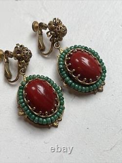 Vintage Miriam Haskell Red Glass Cabochon Green Bead Dangle Clip On Earrings