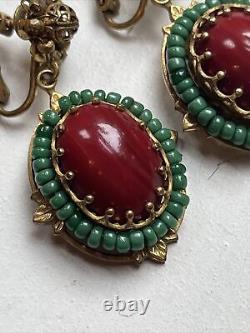 Vintage Miriam Haskell Red Glass Cabochon Green Bead Dangle Clip On Earrings