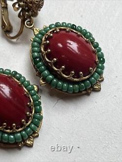 Vintage Miriam Haskell Red Glass Cabochon Green Bead Dangle Clip On Earrings