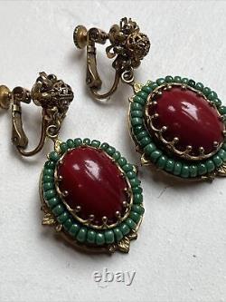 Vintage Miriam Haskell Red Glass Cabochon Green Bead Dangle Clip On Earrings