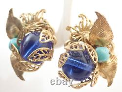 Vintage Miriam Haskell Signed Blue Turquoise Glass Baroque Pearl Clip Earrings