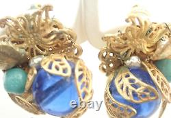 Vintage Miriam Haskell Signed Blue Turquoise Glass Baroque Pearl Clip Earrings