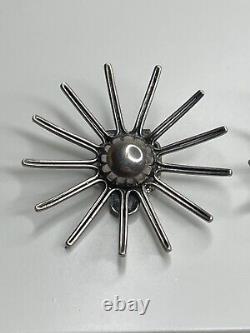 Vintage Modernist Gustav Hauber 835 Silver Sunburst Starburst Clip On Earrings