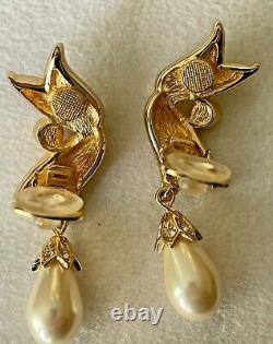 Vintage NEW CHRISTIAN DIOR Signed Faux Pearl Crystals Clip Earrings ON CARD