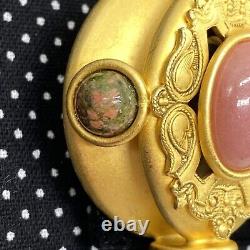 Vintage Natasha Stambouli Clip On Earrings 24K Gold Plate Semi Precious Stones