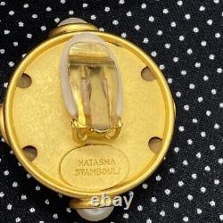 Vintage Natasha Stambouli Clip On Earrings 24K Gold Plate Semi Precious Stones