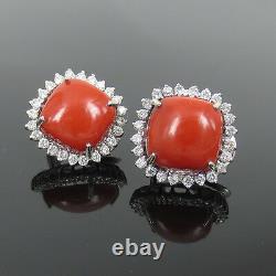 Vintage Natural Ox Blood Red Coral & 1.50ct Diamond 18K White Gold Clip Earrings