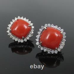 Vintage Natural Ox Blood Red Coral & 1.50ct Diamond 18K White Gold Clip Earrings