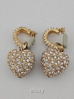 Vintage OUTSTANDING MID-CENTURY HEAVY Gold Tone CRYSTAL HEART Earrings CLIP ON