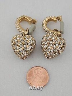 Vintage OUTSTANDING MID-CENTURY HEAVY Gold Tone CRYSTAL HEART Earrings CLIP ON