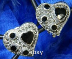 Vintage Onyx Heart 1 Marcasite 0.925 Sterling Silver Clip On Earrings
