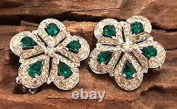 Vintage PENETTA Emerald Crystal Flower Silver Cluster Clip-on Earrings