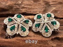 Vintage PENETTA Emerald Crystal Flower Silver Cluster Clip-on Earrings