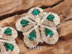 Vintage PENETTA Emerald Crystal Flower Silver Cluster Clip-on Earrings