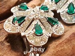 Vintage PENETTA Emerald Crystal Flower Silver Cluster Clip-on Earrings