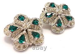 Vintage PENETTA Emerald Crystal Flower Silver Cluster Clip-on Earrings