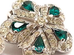 Vintage PENETTA Emerald Crystal Flower Silver Cluster Clip-on Earrings