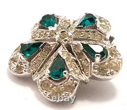 Vintage PENETTA Emerald Crystal Flower Silver Cluster Clip-on Earrings