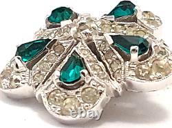 Vintage PENETTA Emerald Crystal Flower Silver Cluster Clip-on Earrings