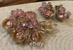 Vintage Pink Crystal Brooch Clip On Earrings dangle Julianna