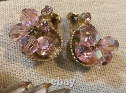 Vintage Pink Crystal Brooch Clip On Earrings dangle Julianna