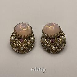 Vintage Pink Opal Filigree Faux Pearl Earrings Clip On Gold Tone West Germany