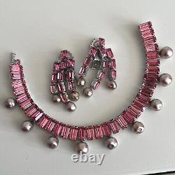 Vintage Pink Weiss Emerald Cut Faux Pearl Rhinestone Bracelet Clip On Earrings