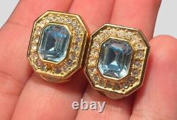Vintage RARE CHRISTIAN DIOR SIGNED FRANCE CLIP EARRINGS BLUE SAPPHIRE GOLD Tone