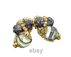 Vintage ROBERT Signed Green Givre Glass Black Gold Lava Beaded Clip Earrings