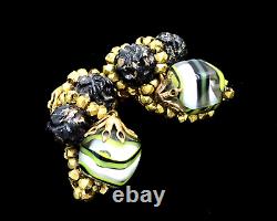 Vintage ROBERT Signed Green Givre Glass Black Gold Lava Beaded Clip Earrings