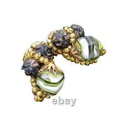 Vintage ROBERT Signed Green Givre Glass Black Gold Lava Beaded Clip Earrings