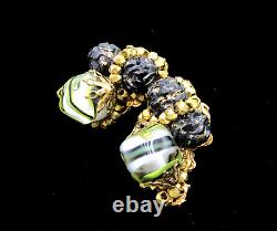 Vintage ROBERT Signed Green Givre Glass Black Gold Lava Beaded Clip Earrings