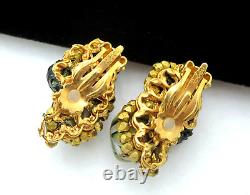 Vintage ROBERT Signed Green Givre Glass Black Gold Lava Beaded Clip Earrings