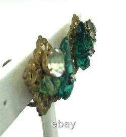 Vintage Rare Miriam Haskell Gripoix Green Glass Leaves Rhinestone Clip Earrings